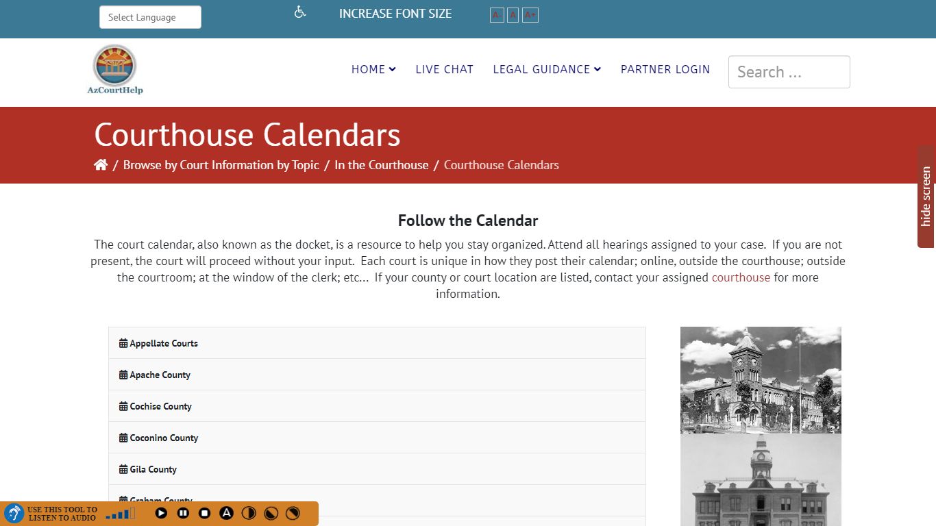 Online calendars (dockets) for Arizona courthouses, by county.