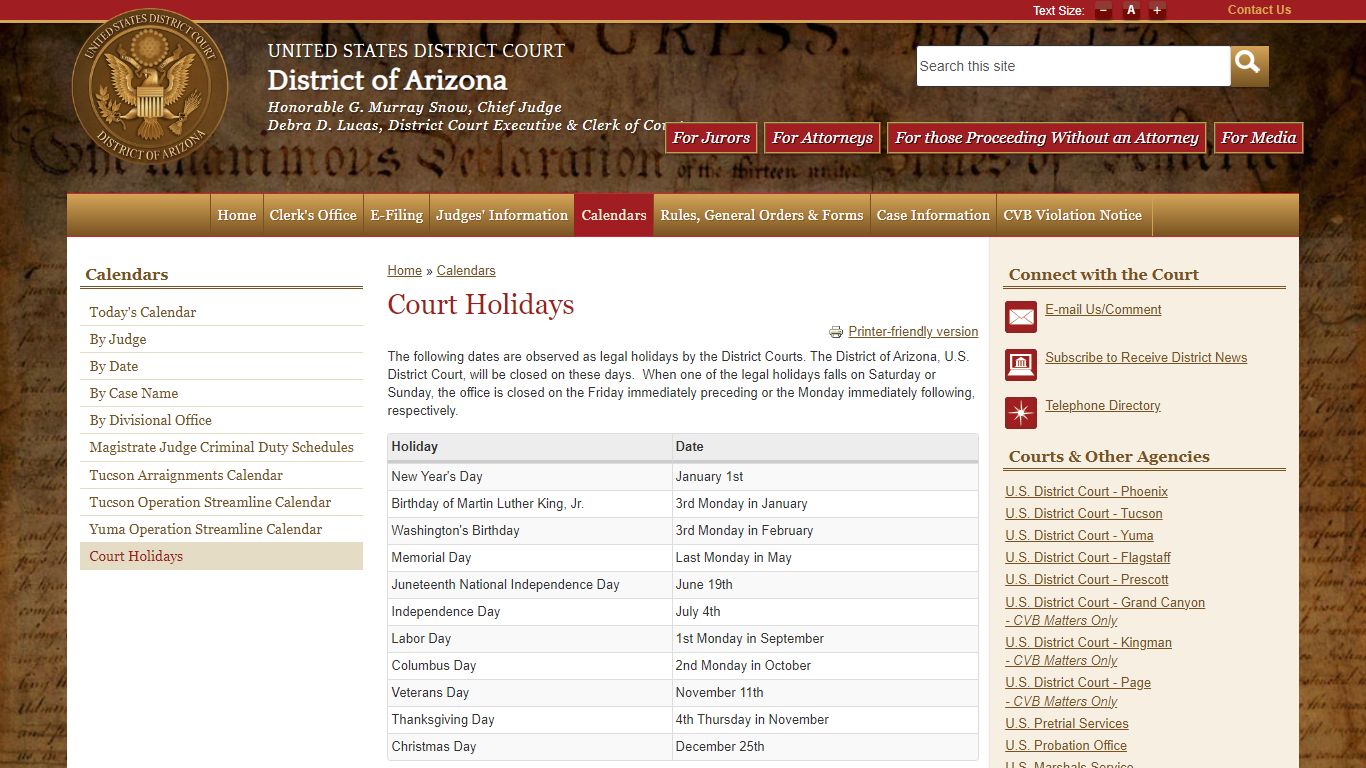 Court Holidays | District of Arizona | United States District Court